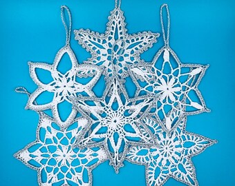 Set of 6 Snowflake Ornaments with Silver Trim Crochet Christmas Decor Gift Vintage Traditional