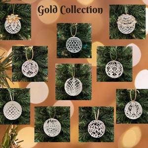 Pattern 10 Balls Gold Collection Baubles Crochet Christmas Tree Ornament Decor Gift Vintage Traditional Original Unique Wedding DIY PDF