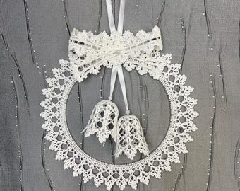 Christmas Wreath with Bells 11" Crochet Lace Unique Handmade Vintage Traditional Decor