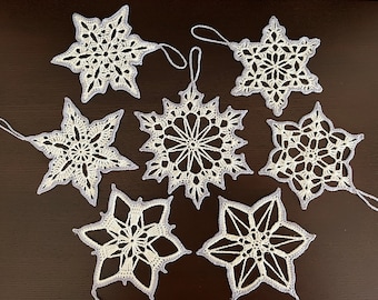Pattern 7 Snowflakes Contrast Border Crochet Christmas Ornament Decor Gift Vintage Traditional DIY PDF