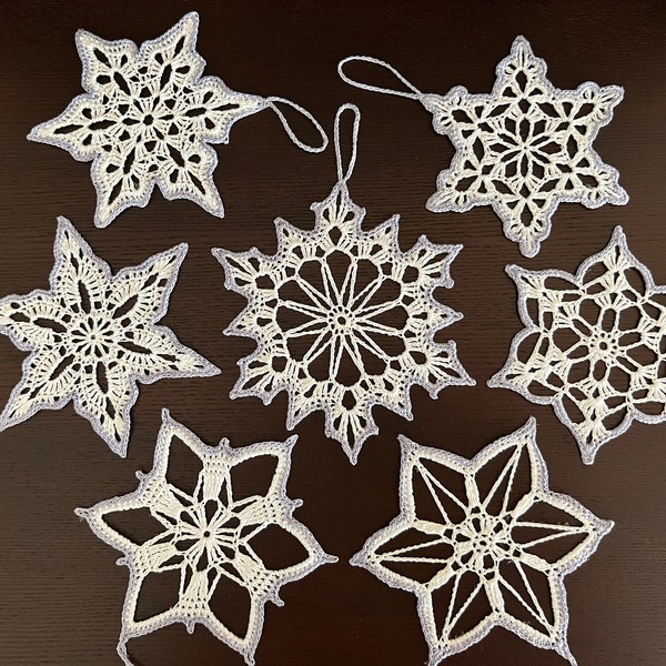 Pattern 7 Snowflakes Contrast Border Crochet Christmas Ornament Decor Gift Vintage Traditional DIY PDF