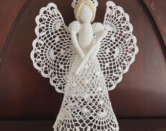 Large 12-13" Christmas Angel Tree Topper, Ornament, Decor, Gift; Bridal, Wedding, Birthday, Christening, Baptism DIY Crochet
