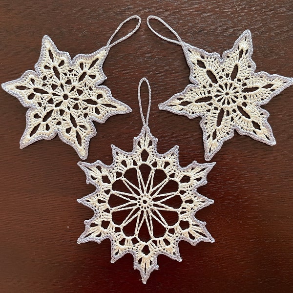 Pattern 3 Snowflakes Contrast Border PDF Crochet Christmas Ornament Decor Gift Vintage Traditional DIY