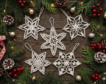 Pattern 5 Snowflakes Silver Border Crochet Christmas Ornament Decor Gift Vintage Traditional DIY PDF