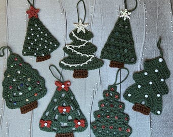 Pattern 7 Flat Christmas Tree Ornaments How to Crochet Easy Tutorial Decor Gift PDF