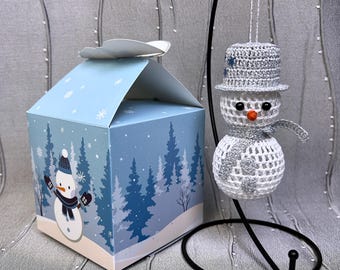 Snowman Ornament in Gift Box Crochet Tree Ornament Decor Vintage Traditional Unique
