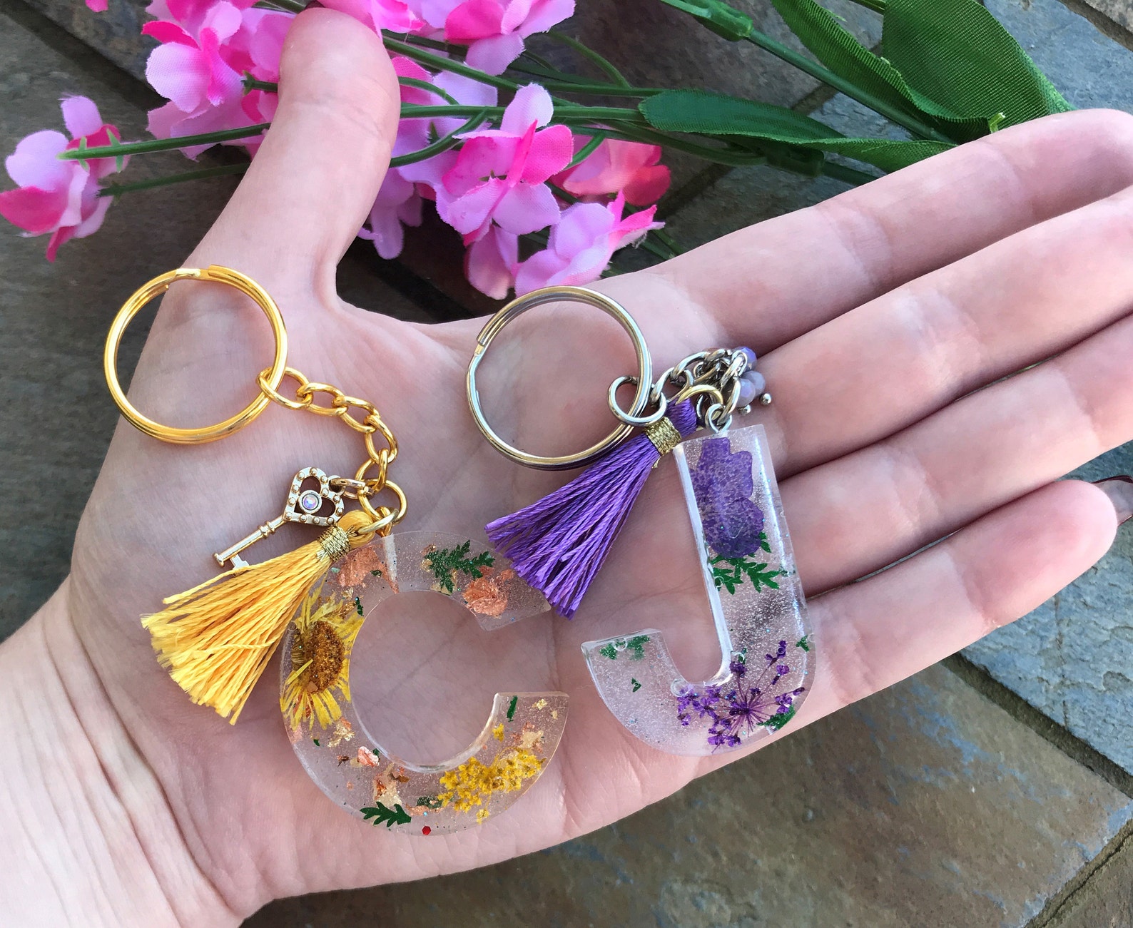 Resin Art Keychainsletter Keychainsgold & Silver Etsy