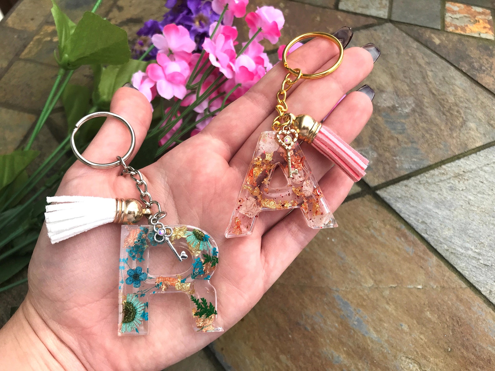 Resin Art Keychainsletter Keychainsgold & Silver Etsy