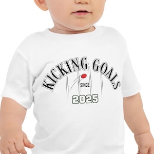 Customisable AFL Themed Baby T-shirt, &#39;Kicking Goals Since&#39; Baby Tee, Personalised Footy Baby Shirt, Aussie Rules Football Gift For Newborns