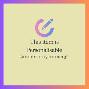 May include: A pink and blue circular icon with a white pencil inside, indicating that this item is customizable. The text below reads "This item is Personalisable. Create a memory, not just a gift."