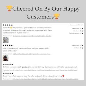 May include: Five-star reviews for a t-shirt with a graphic print of a football player. The reviews highlight the quality, speed of delivery, and friendly customer service. The text "So CUTE!" and a heart emoji are included in one of the reviews.