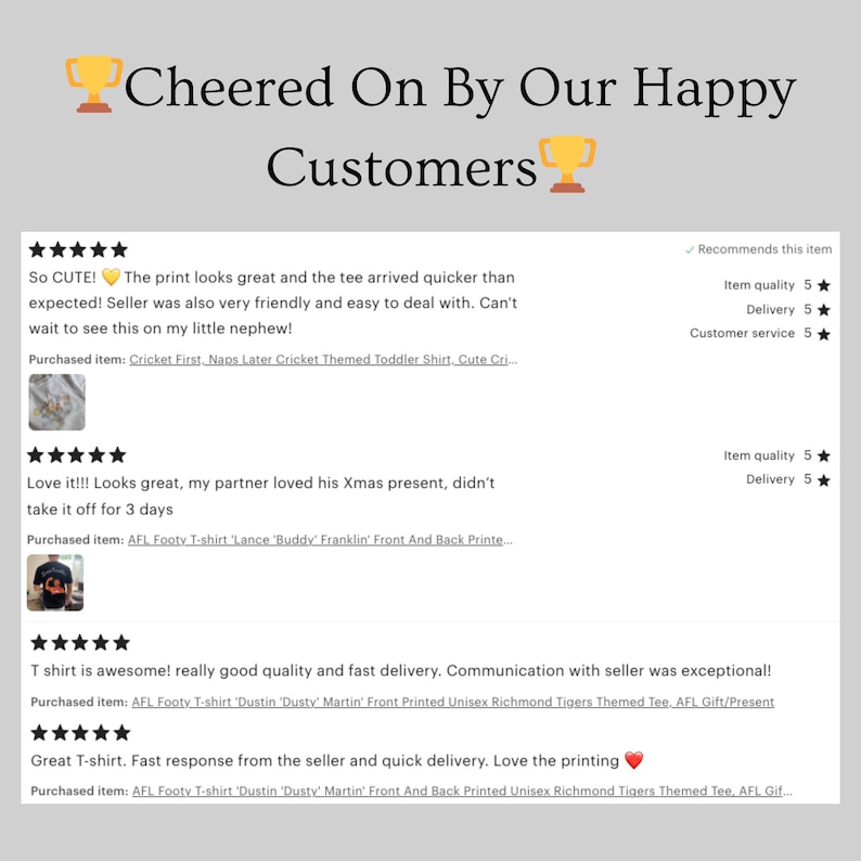 May include: Five-star reviews for a t-shirt with a graphic print of a football player. The reviews highlight the quality, speed of delivery, and friendly customer service. The text "So CUTE!" and a heart emoji are included in one of the reviews.