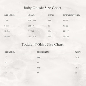 May include: A size chart for baby onesies and toddler t-shirts. The chart lists sizes in months and inches for onesies and in inches for t-shirts. It also includes weight recommendations for onesies.