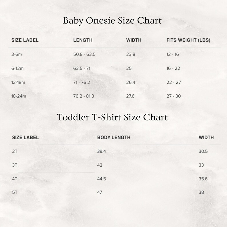May include: A size chart for baby onesies and toddler t-shirts. The chart lists sizes in months and inches for onesies and in inches for t-shirts. It also includes weight recommendations for onesies.