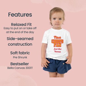 May include: White t-shirt with red and orange text that reads "I'ma CHIEFS FAN Just like Nanna". A young child is wearing the shirt and blue denim shorts.