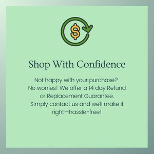 May include: Green and yellow icon of a dollar sign with a circular arrow pointing clockwise. Text reads: "Shop With Confidence. Not happy with your purchase? No worries! We offer a 14 day Refund or Replacement Guarantee. Simply contact us and we'll make it right-hassle-free!"