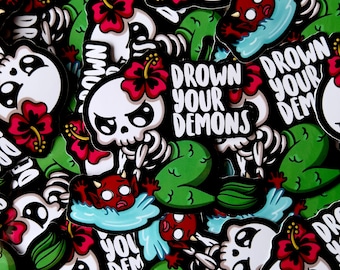 Drown Your Demons Sticker - Laptop Sticker, Water bottle, Hydroflask, Journal, Notepad, Cute, Kawaii Sticker - Skeleton - Skull - Demon
