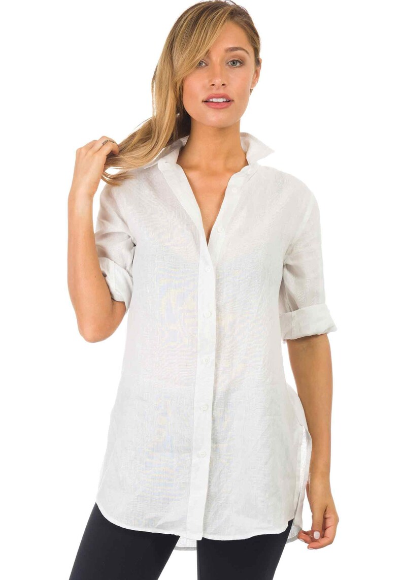 Chemise longue en lin femme Chemises en lin blanc blouse ...