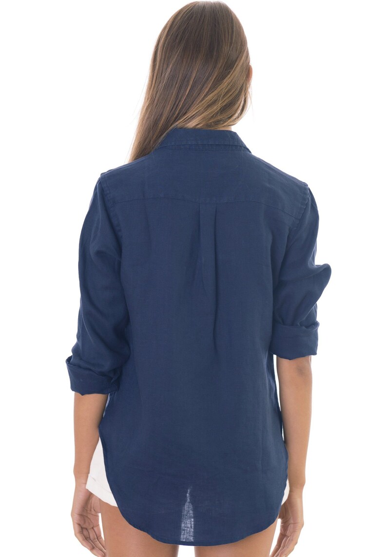 navy blue linen button down shirt