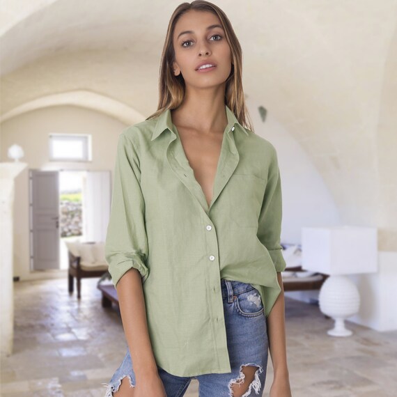 Womens linen Shirt Sage Linen Shirts Linen blouse Linen | Etsy