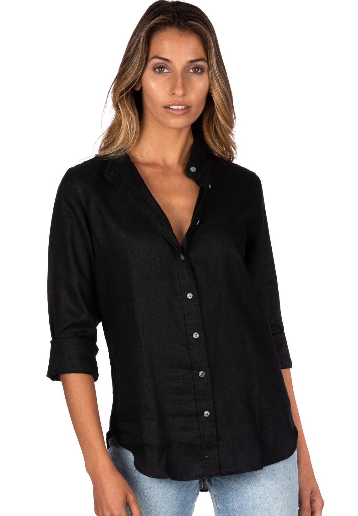 Black Linen Shirts Mandarin collar linen Black Linen blouse | Etsy