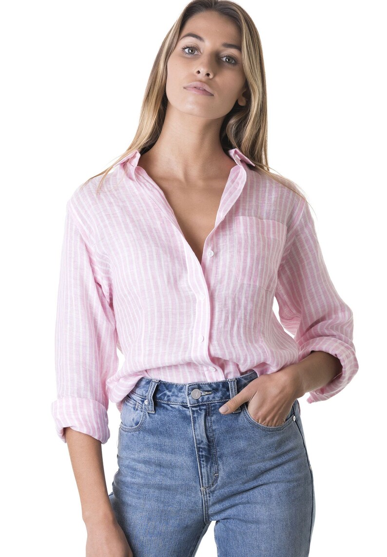 Linen Shirt women Pink Stripes buttondown Striped Linen Etsy