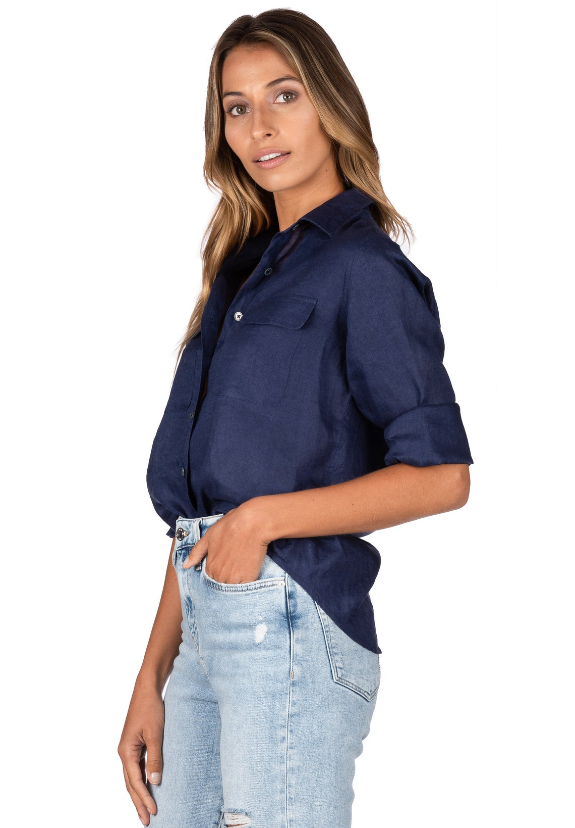 navy blue linen button down shirt