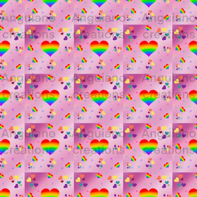 May include: A seamless pattern featuring rainbow hearts on a pink background. Smaller hearts in various colours are scattered throughout the pattern.