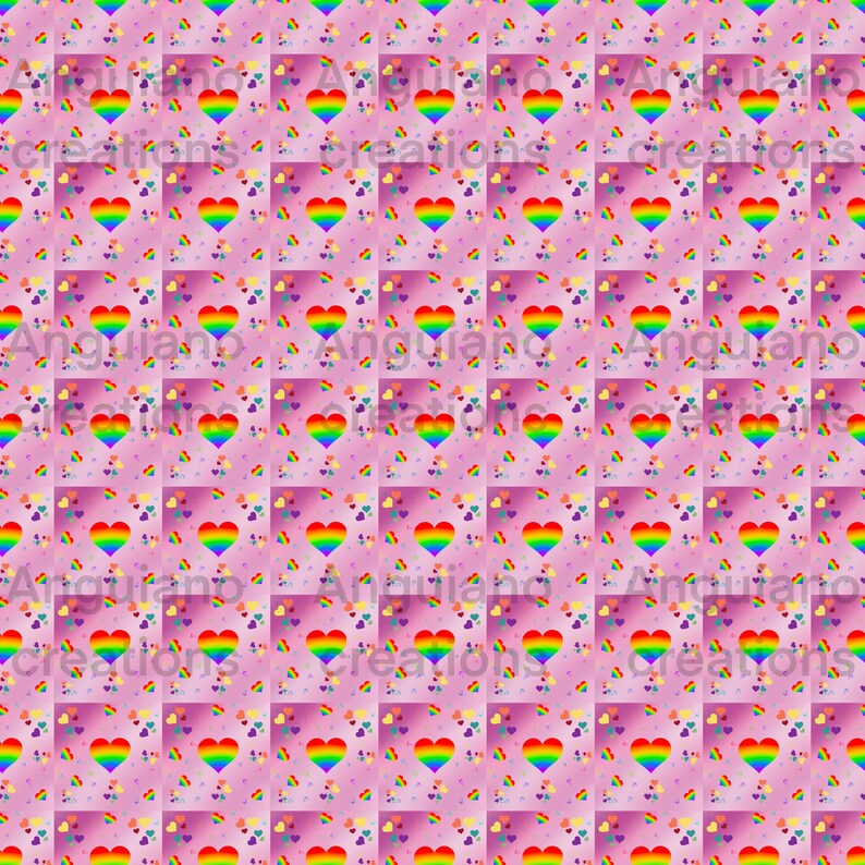 May include: A seamless pattern featuring a repeating design of rainbow hearts on a pink background. The hearts are outlined in black and have a gradient of colours, including red, orange, yellow, green, blue, indigo, and violet. The background is a light pink colour with small white dots.