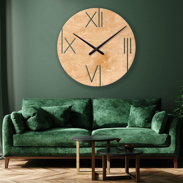 Oversized wandklok, houten wandklok groot, unieke grote wandklok, woonkamerklok modern, minimalistische houten wandklok natuurlijk