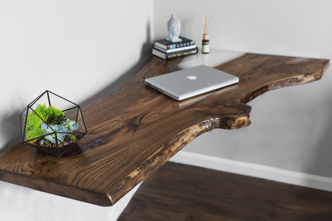 Floating corner shelf Live edge wood shelf Long floating Etsy