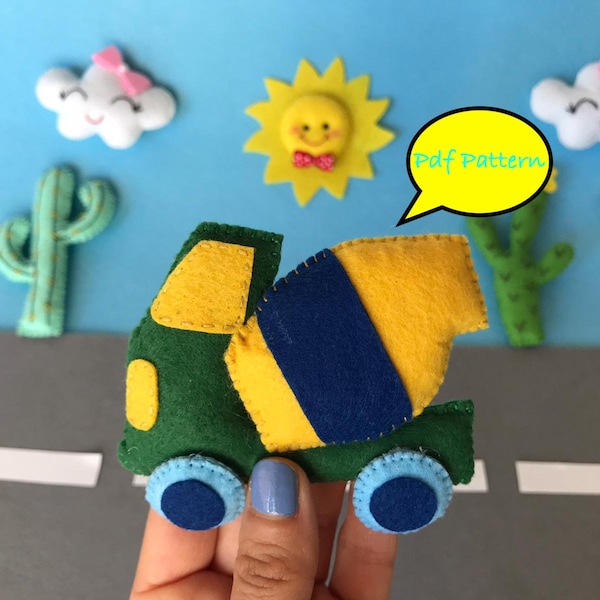 Pdf pattern, felt pattern, concrete mixer pattern, concrete mixer sewing tutorial, plushies, felt vehicles, DIY concrete mixer