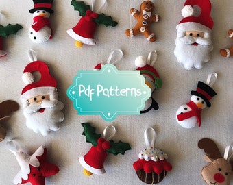 Christmas ornaments, pdf pattern, sewing tutorial, diy plushies, felt, 8 patterns bundle