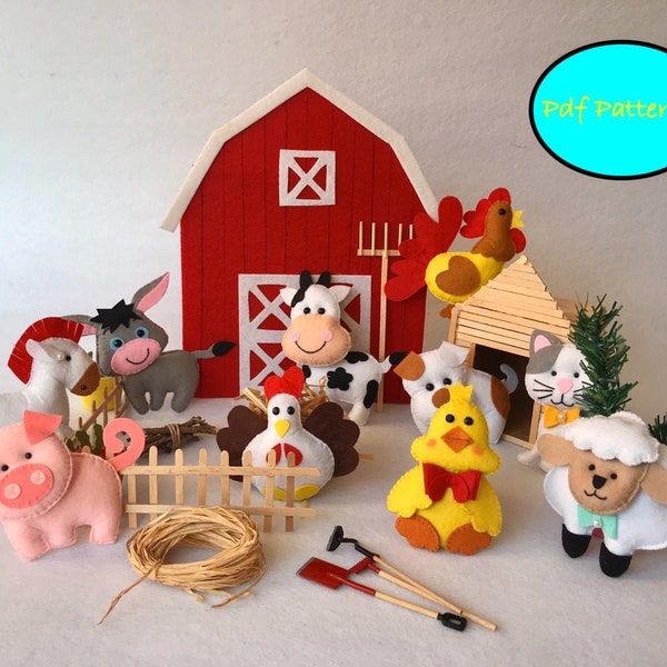 Animaux de la ferme, patron pdf, patron en feutrine, patron pdf en feutrine, tuto pdf, tuto peluches DIY, lot de 10 patrons en feutrine