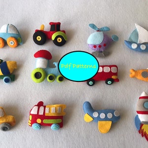 Vehicles, pdf pattern, felt pattern, felt pdf pattern, pdf tutorial, DIY plushies tutorial, 12 felt pattern bundle