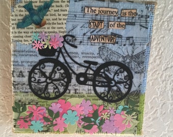 Bicycle adventure mixed medium collage on burlap canvas