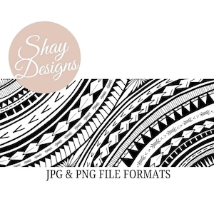 Könnte beinhalten: Schwarz-weißes Stammesmuster mit geometrischen Formen und Linien. Das Bild enthält den Text "Shay Designs" in einem hellrosa Kreis und "JPG & PNG FILE FORMATS".