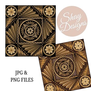 May include: Two square digital art prints with a geometric design in shades of brown, tan, and black. The prints feature a central circular design with a starburst pattern, surrounded by geometric shapes. The text "JPG & PNG FILES" is visible.