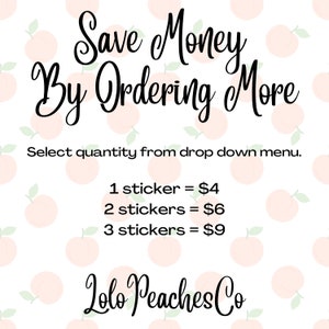 May include: White background with a pattern of peach illustrations. The text reads "Save Money By Ordering More" in black script. Additional text states "Select quantity from drop down menu." and "Lolo Peaches Co."