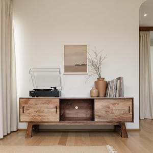 75"  Long Konig Solid Mango Wood TV Credenza | Modern ClassicModern Record Player Vinyl Storage Stand
