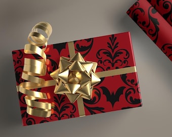 Gothic Bat Gift Wrap Red Damask , Dark Academia Aesthetic Wrapping Paper, Spooky Halloween Birthday Christmas Valentines Day Wrap