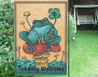 Custom Frog Garden Flag, Mushroom Toad Outdoor Decor, Cottagecore Yard Banner, Whimsical Personalized Porch Sign, Cute Frog Lover Gift