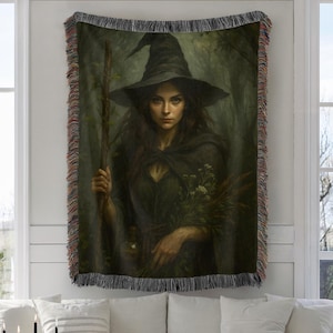 Witch Forest Woven Throw Blanket, Gothic Witch Decor, Dark Fantasy Art Blanket, Witchy Cotton Tapestry Throw, Spooky Home Gift, Couch Bed