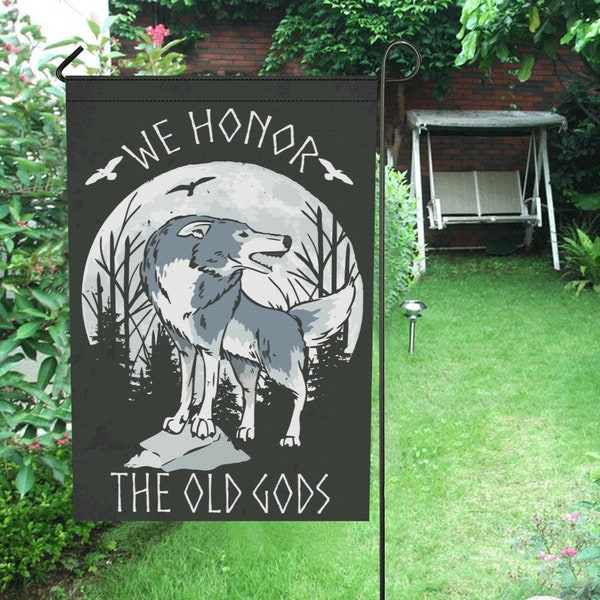 Dark Wolf Welcome Garden Flag | Dark Cottagecore Yard Decor | We Honor The Old Gods | Full Moon | Odin Viking | Pagan Garden Party Gift