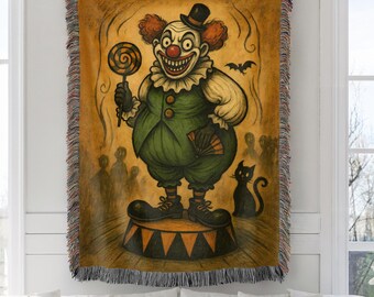 Creepy Clown Woven Blanket, Haunted Circus Throw, Halloween Gothic Home Decor, Horror Carnival Tapestry, Spooky Season Vintage Style Blanket