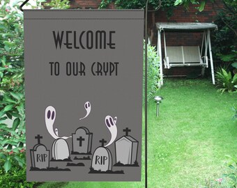 Ghost Welcome To Our Crypt Garden Flag | Dark Cottagecore Yard Decor | Halloween Outdoor Decoration | Cemetery Graveyard | Spooky Porch Flag