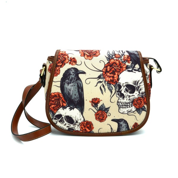 Gothic Pocketbook | Skulls Ravens Roses | Shoulder Bag | Saddle Bag | Witchy Purse | Leather Cross Body Shoulder Strap | Handbag