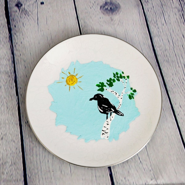 Hand painted Vintage Raven Crow trinket dish / jewelry dish / ring dish/ altar plate