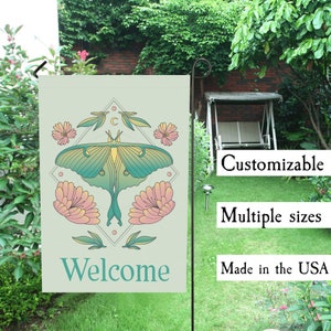 Personalized Luna Moth Garden Flag, Witchy Yard Decor, Custom Butterfly Welcome Porch Flag, Floral Nature House Flag, Magical Home Decor