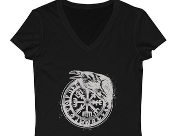 Raven Viking Women's Jersey Short Sleeve V-Neck T Shirt | Viking gift | Viking Compass | Crow Magic | Norse Mythology | Graphic Tee | Odin